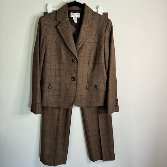 Pendleton Women's 100% Virgin Wool Brown Plaid Pant Suit Size 8/10 - Picture 1 of 8